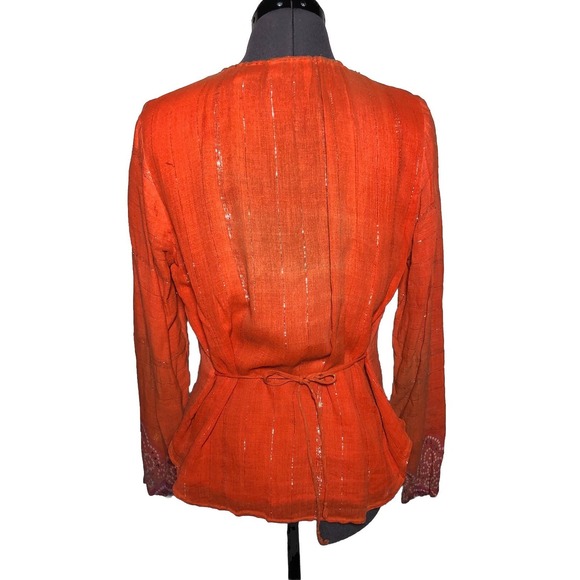 Vtg Y2K Boho Blouse Cervelle Sequin Metallic  Bandhani Print Orange S DAMAGED - Picture 5 of 14